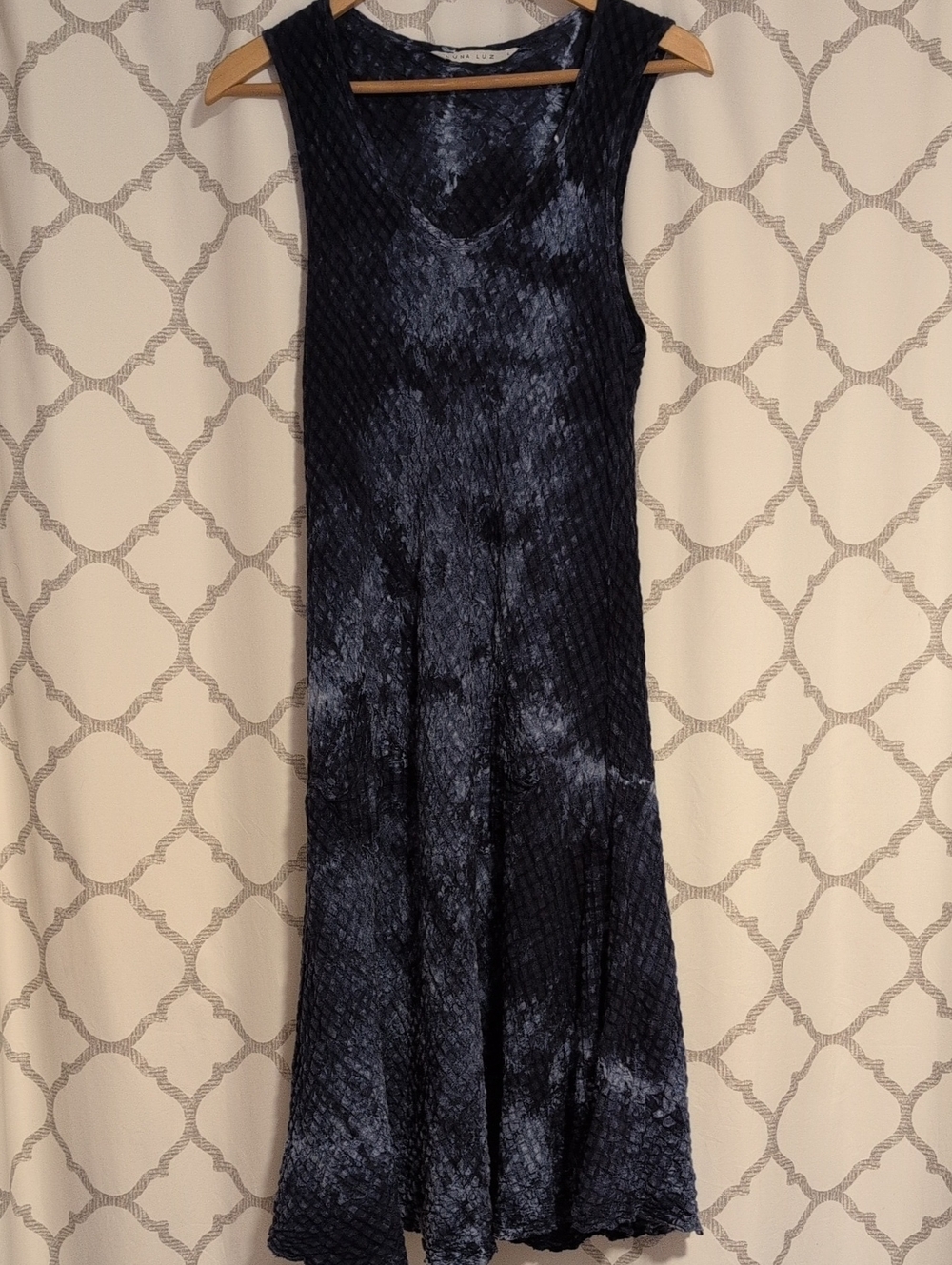 Luna Luz Sleeveless Dress Navy Blue Tie Dye Seersucker Linen Blend Size Large